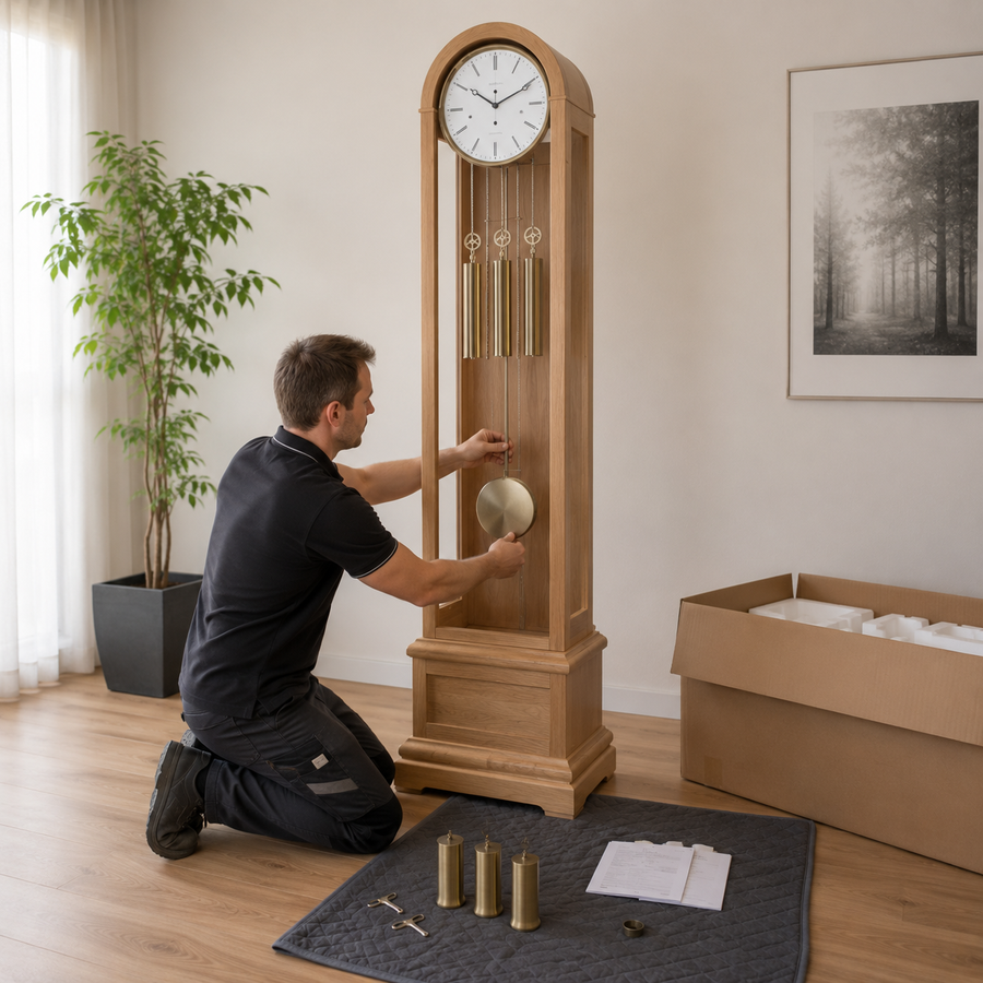 Wie wird eine Standuhr geliefert und aufgebaut?