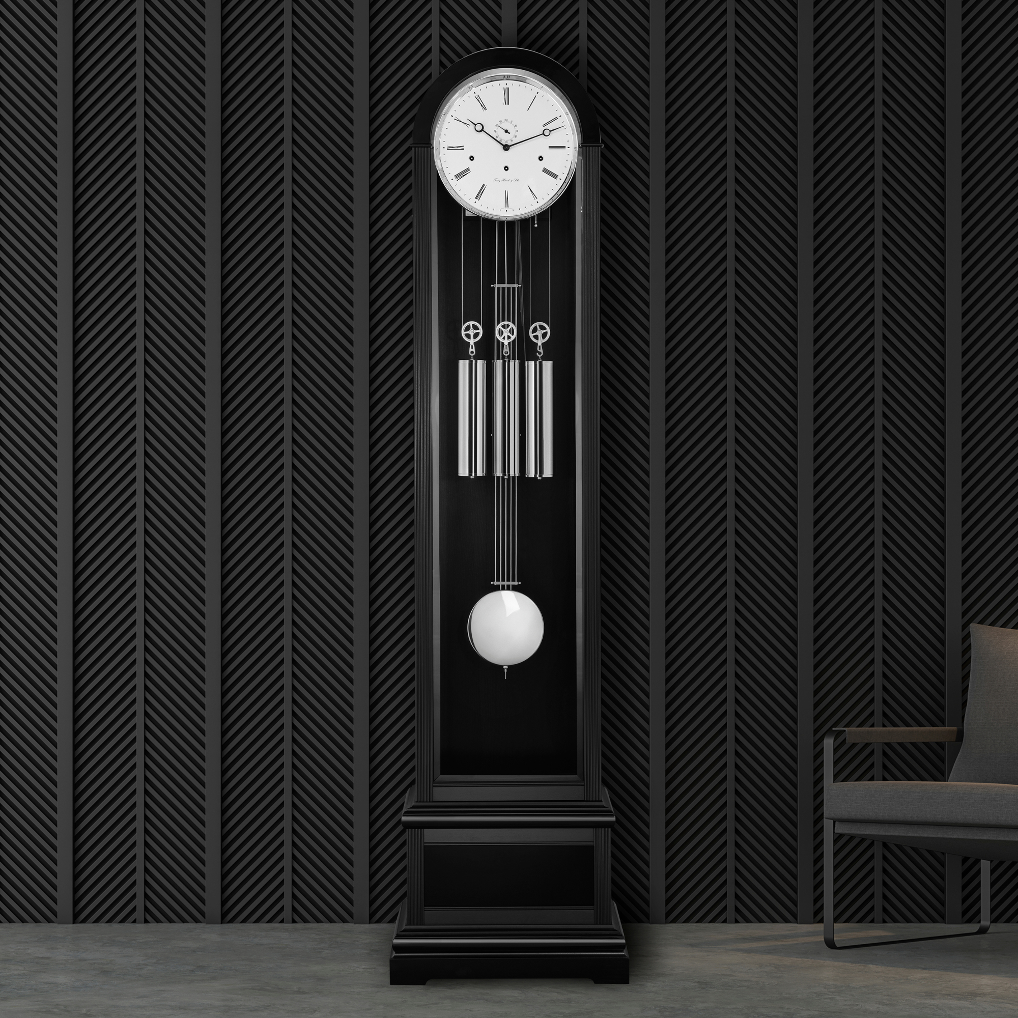 Hermle 01089-740461 Standuhr Charlotte "Franz Hermle & Sohn" Schwarz mit Nickel Frontreif