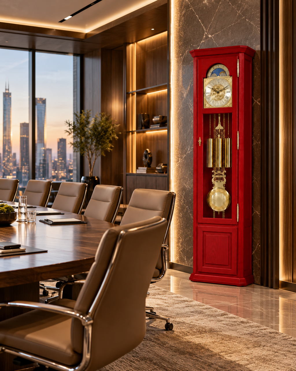 Astra Design AD210-04R Standuhr „Rheingold“ aus roter Eiche im Originalton englischer Telefonzellen