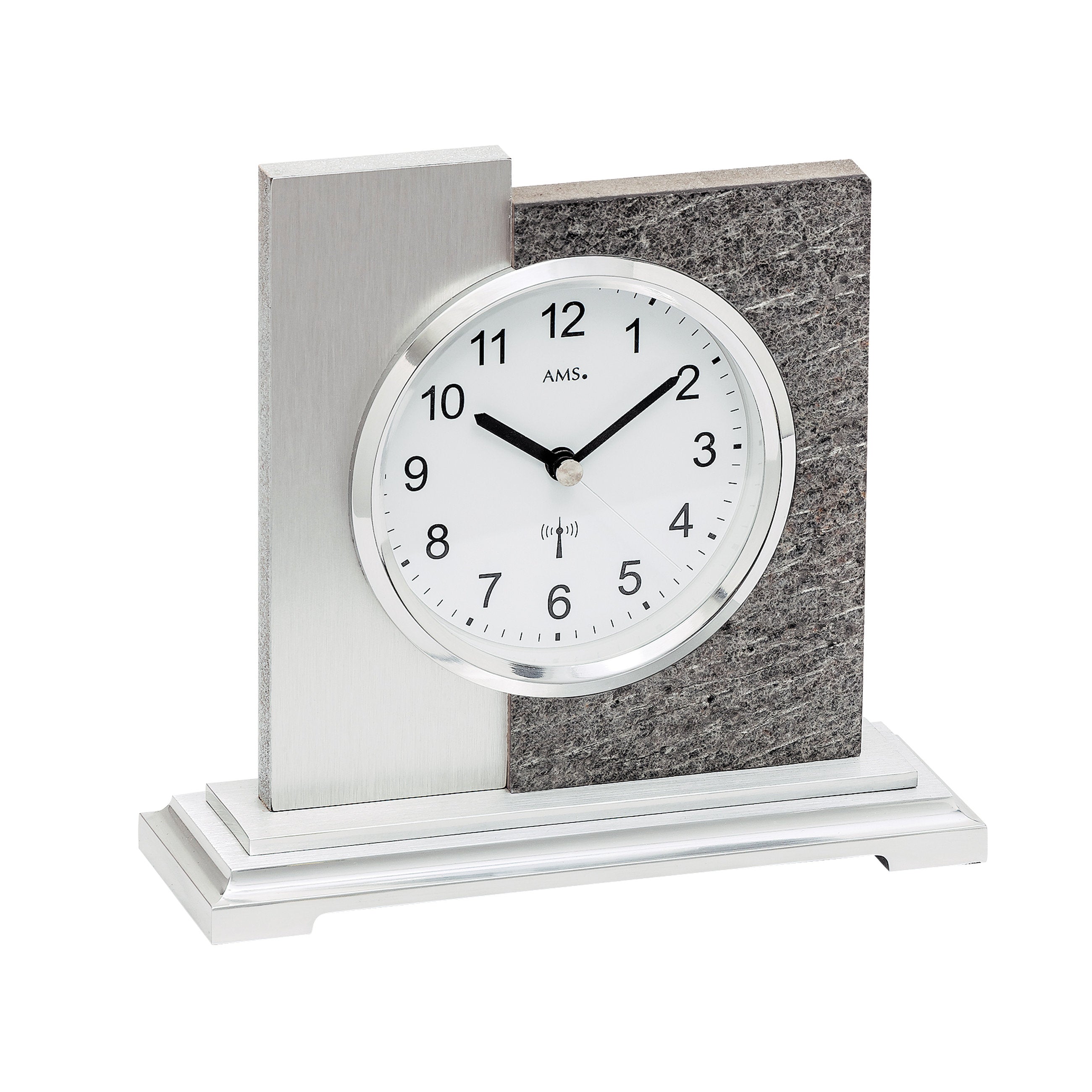 AMS F5150 Funk-Tischuhr mit Holzgehäuse und Naturstein-Aluminium-Auflage
