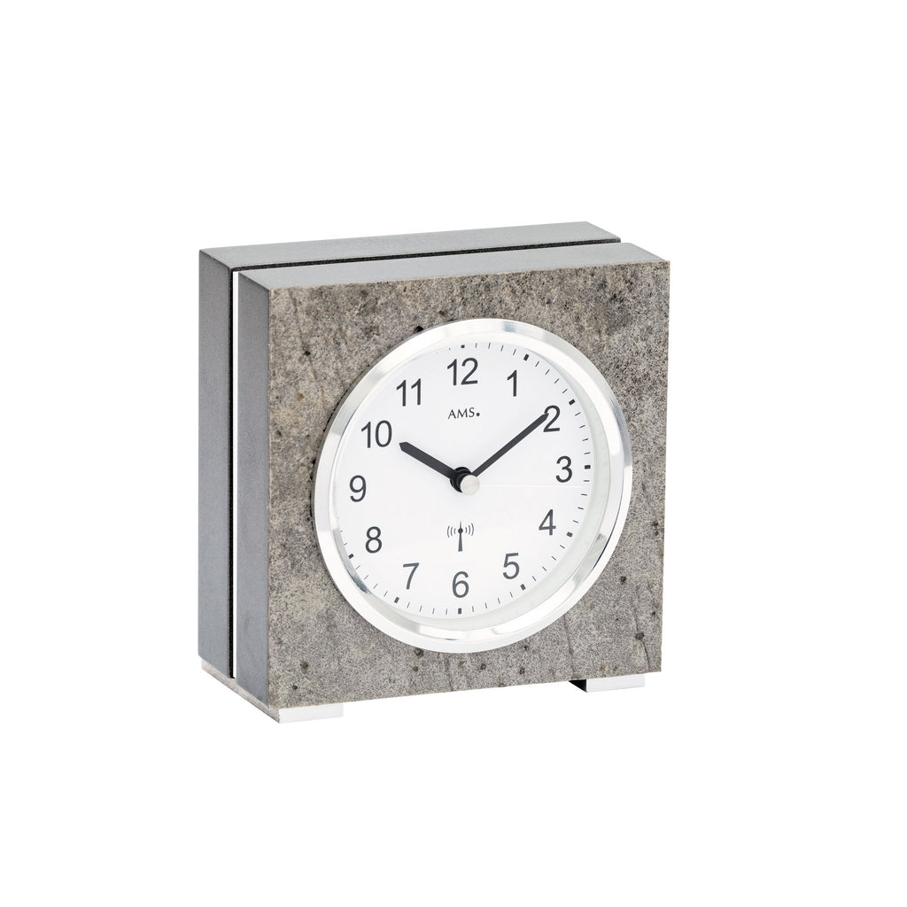AMS F5156 Funk-Tischuhr mit Holzgehäuse und Stein-Aluminium-Auflage