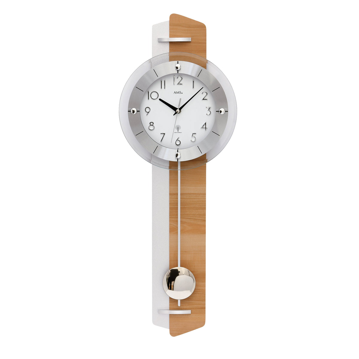 AMS F5271 Pendel-Funkwanduhr mit Kernbuche-Aluminium-Applikation
