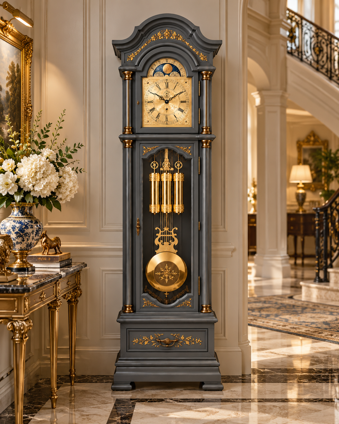 Astra Design AD210-02MA Standuhr „Residenz“ in matt Anthrazit aus massiver Eiche