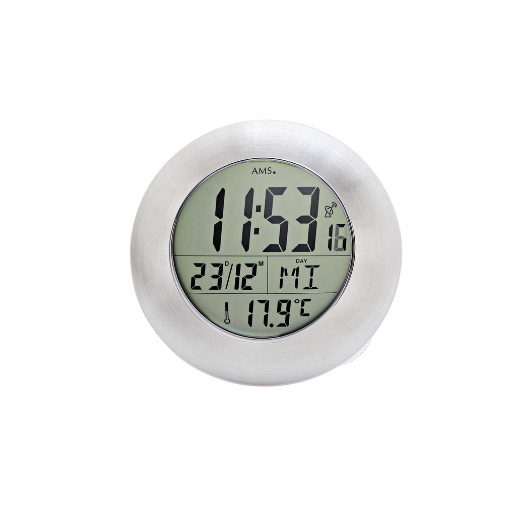 AMS F5929 Funkwanduhr mit digitaler LCD-Anzeige in Aluminiumoptik