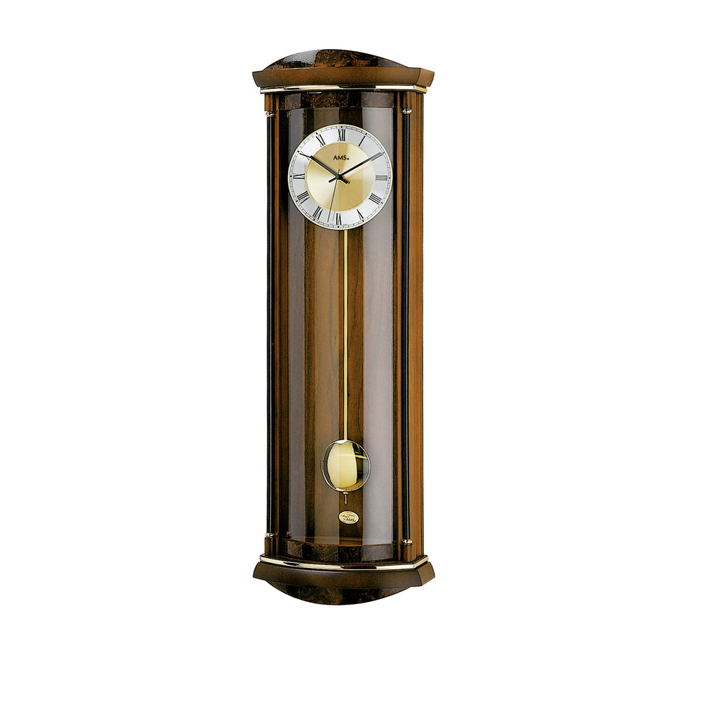 AMS W7080-1 Pendelwanduhr mit Nussbaum-Massivholz und Wurzelholz-Pianofinish