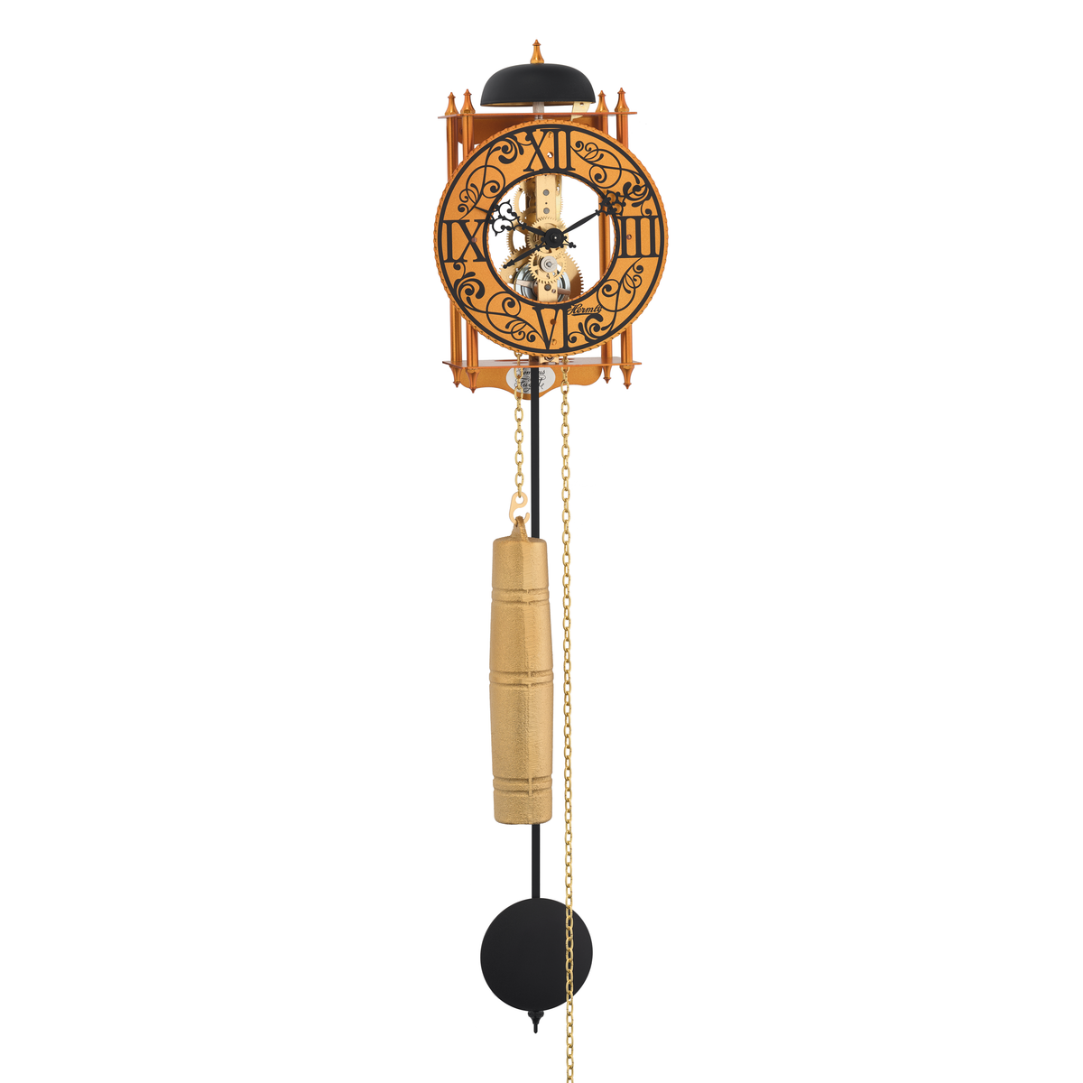 Hermle 71015-T10711 Raubritter Ravensburg Wanduhr in Orange mit Schwarz bedrucktem Reif römische Zahlen
