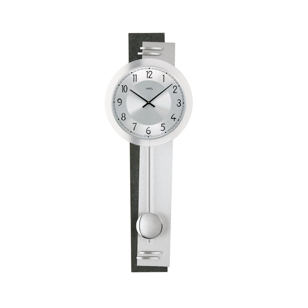 AMS W7255 Pendelwanduhr mit Schiefer-Applikation und geschliffenem Aluminium