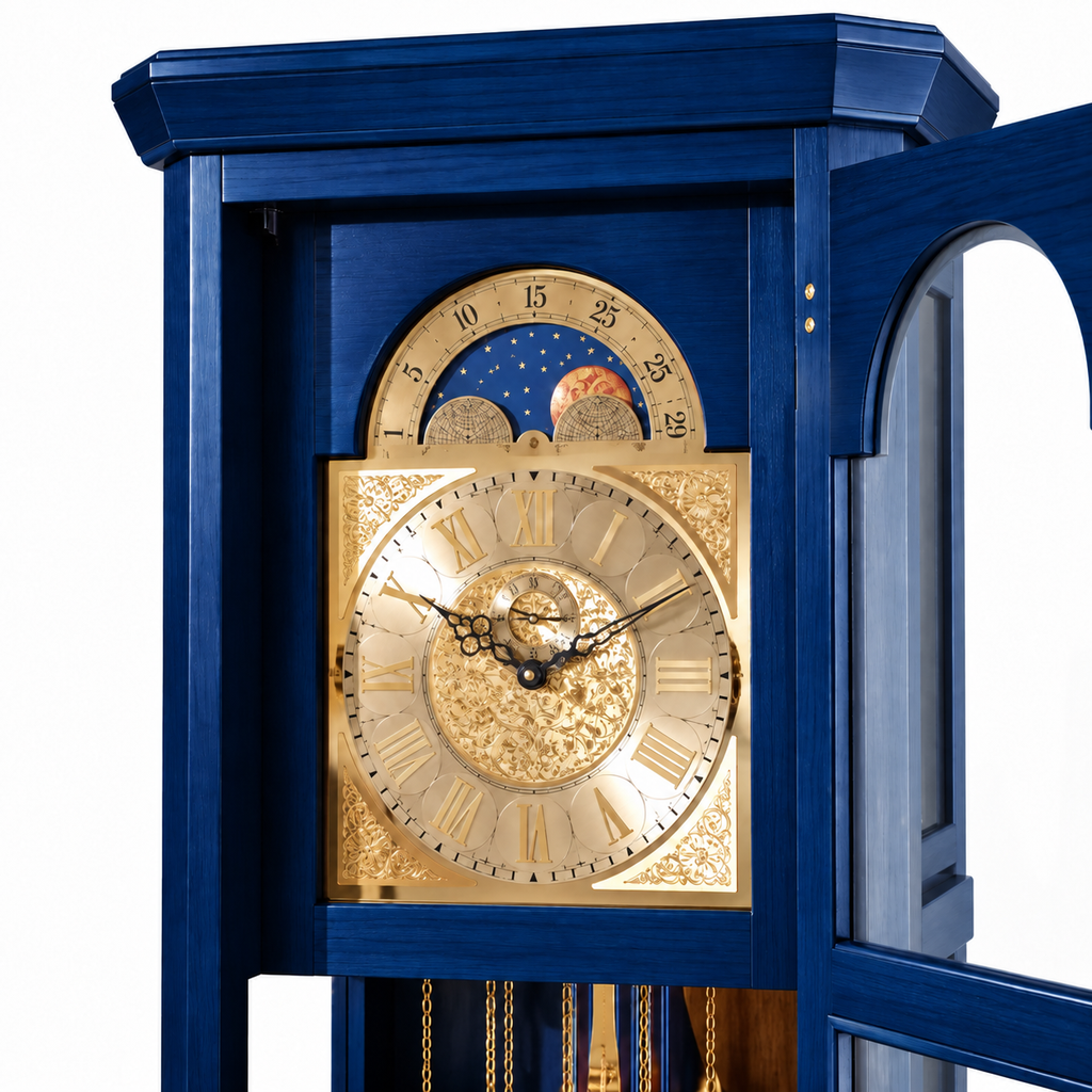 Astra Design AD210-04B Standuhr „Rheingold“ in Königsblau aus massiver Eiche