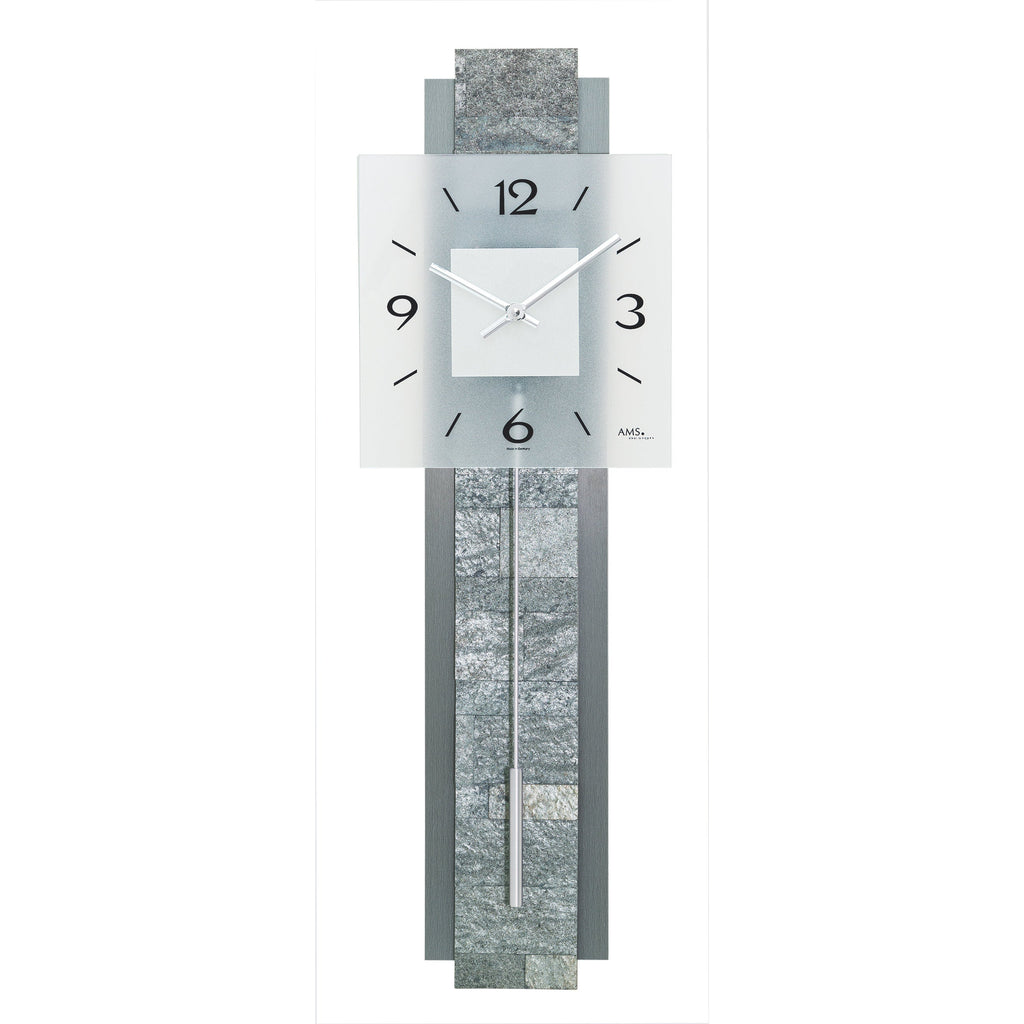AMS W7472 Pendelwanduhr mit Holzgehäuse und Stein-Aluminium-Optik