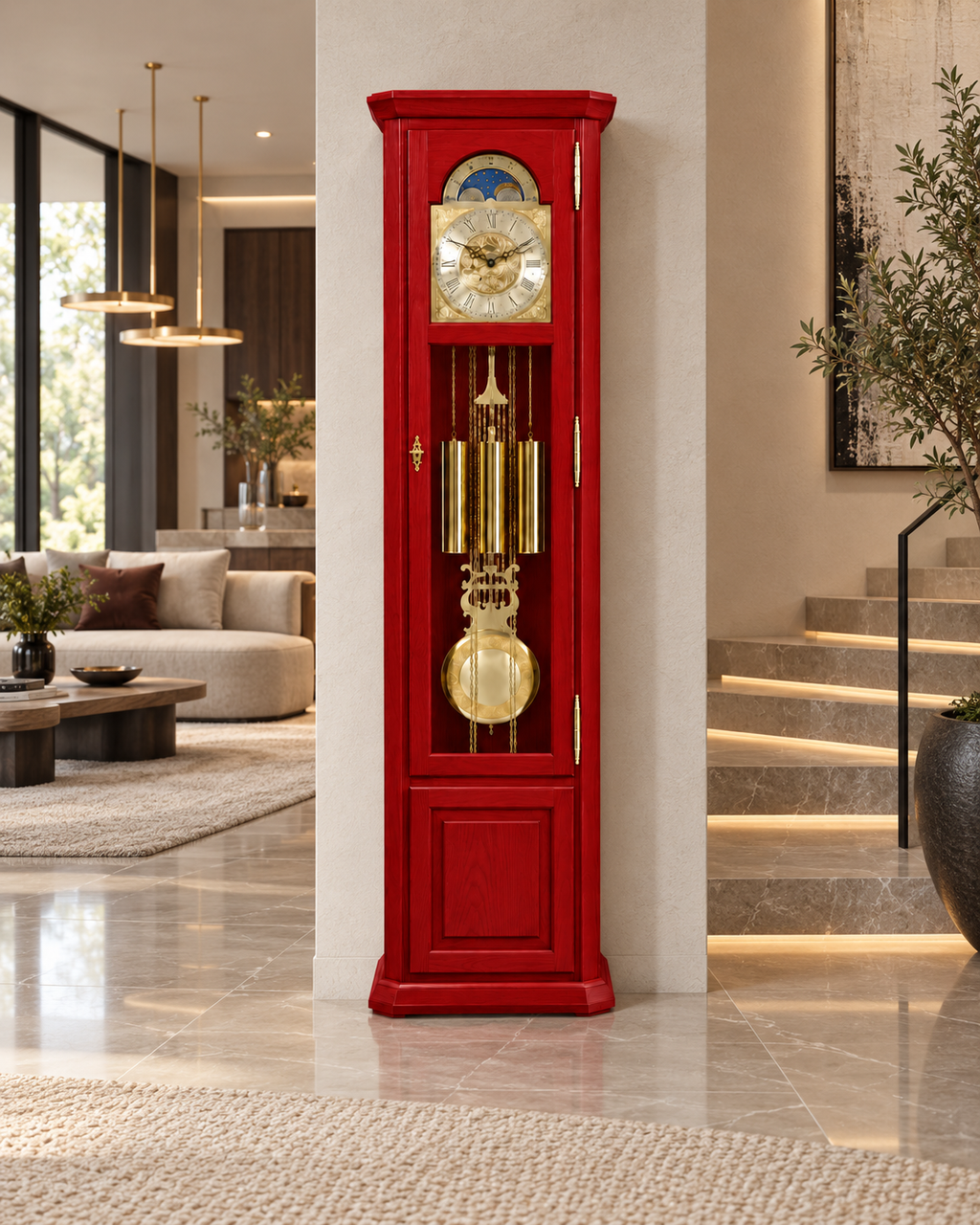 Astra Design AD210-04R Standuhr „Rheingold“ aus roter Eiche im Originalton englischer Telefonzellen