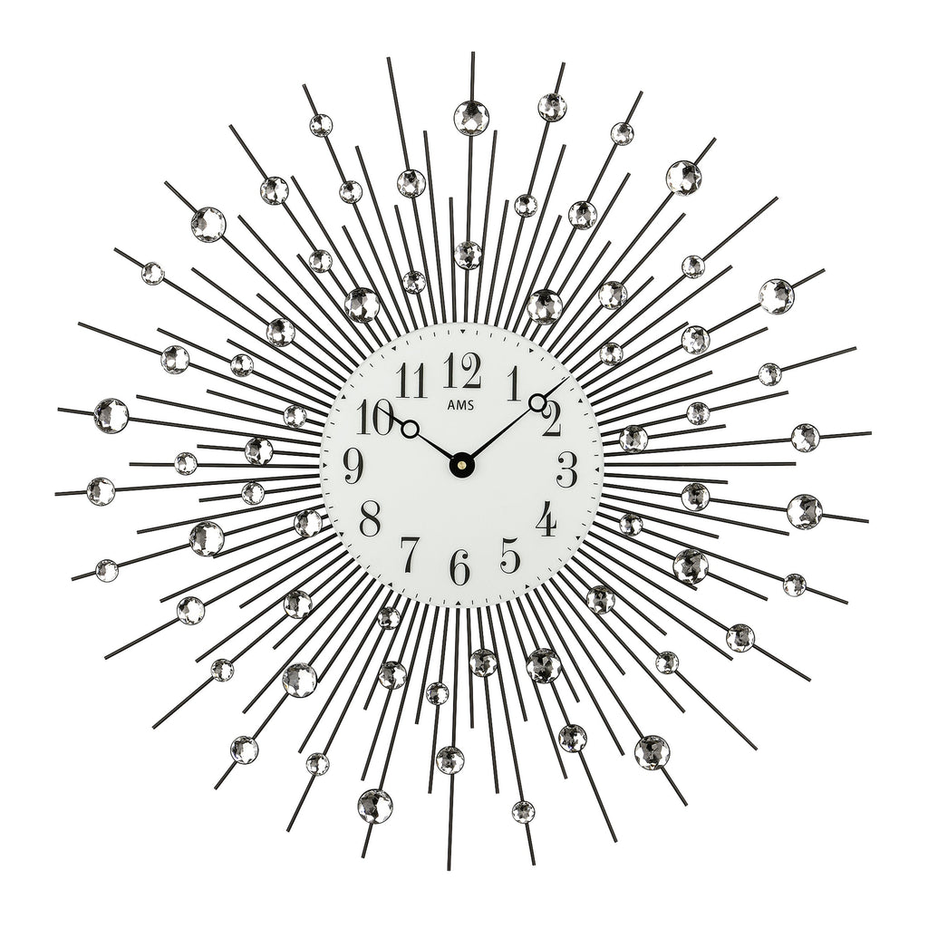 AMS W9380 Wanduhr mit schwarz lackiertem Metallgehäuse und geschliffenen Glassteinen