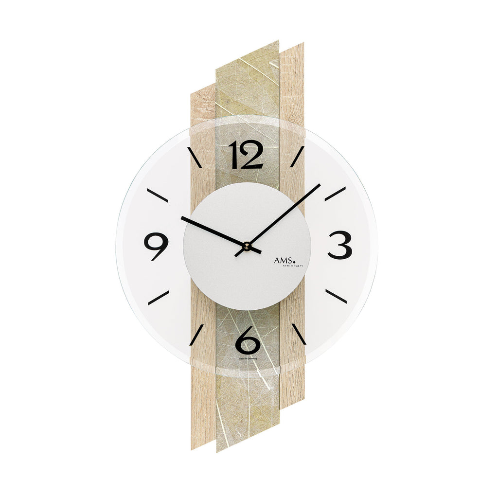 AMS W9665 Wanduhr mit Sonoma-Holzgehäuse und Naturblättern