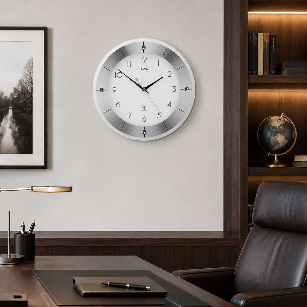 AMS F5848 Radio Wall Clock with Faceted Mineral Glass and Polished Aluminum