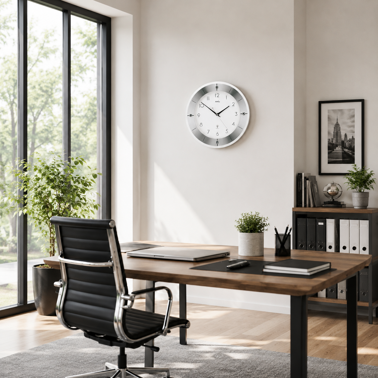 AMS F5848 Radio Wall Clock with Faceted Mineral Glass and Polished Aluminum