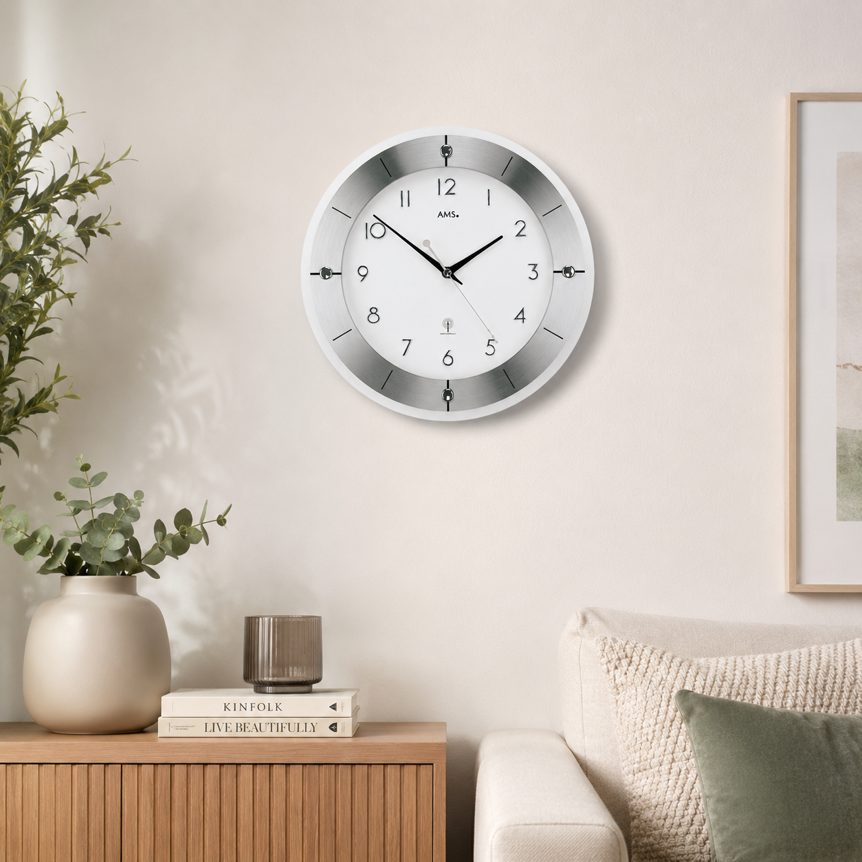 AMS F5848 Radio Wall Clock with Faceted Mineral Glass and Polished Aluminum