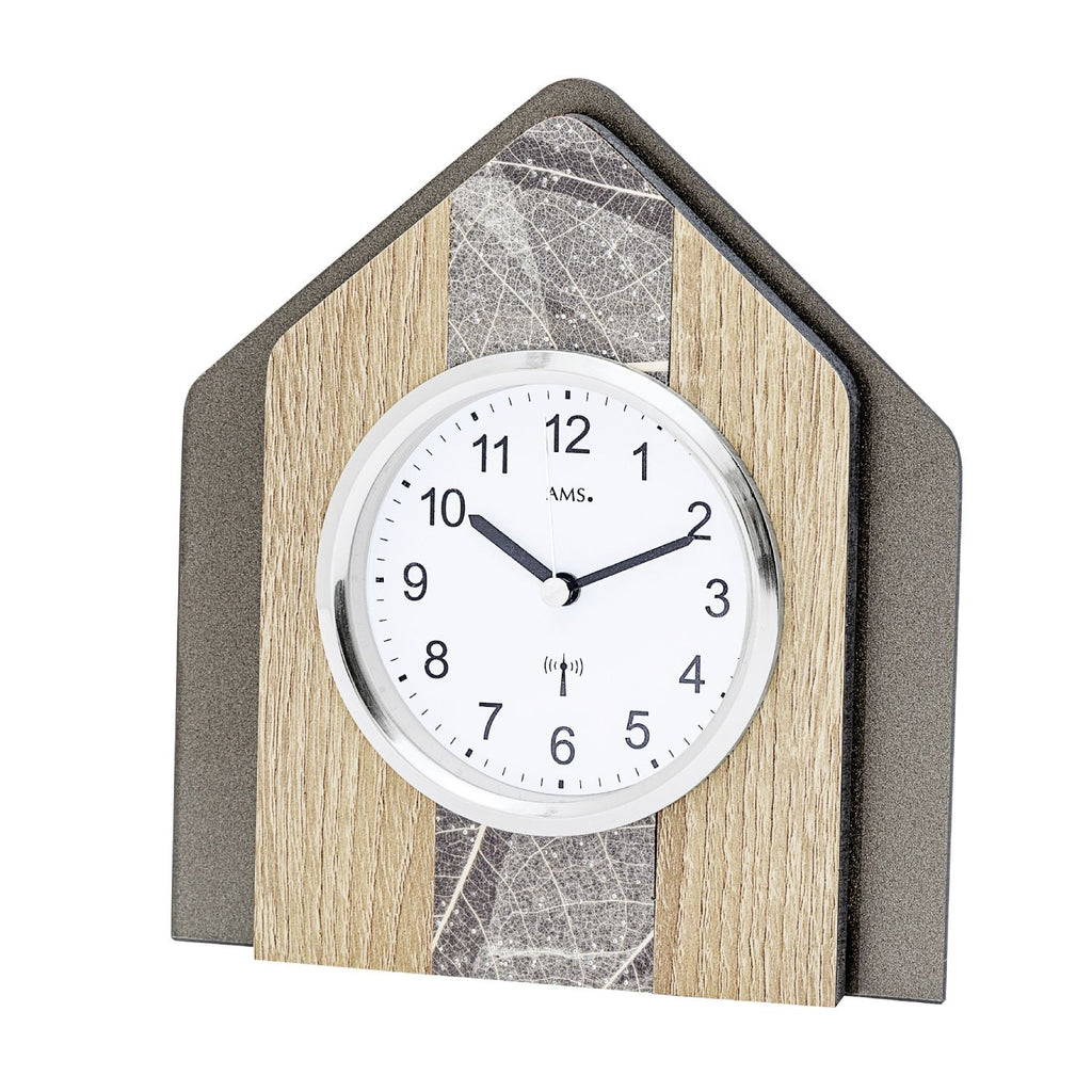 AMS F5170 Funk-Tischuhr mit Sonoma-Holzgehäuse, Natur-Blättern und Swarovski-Kristallen