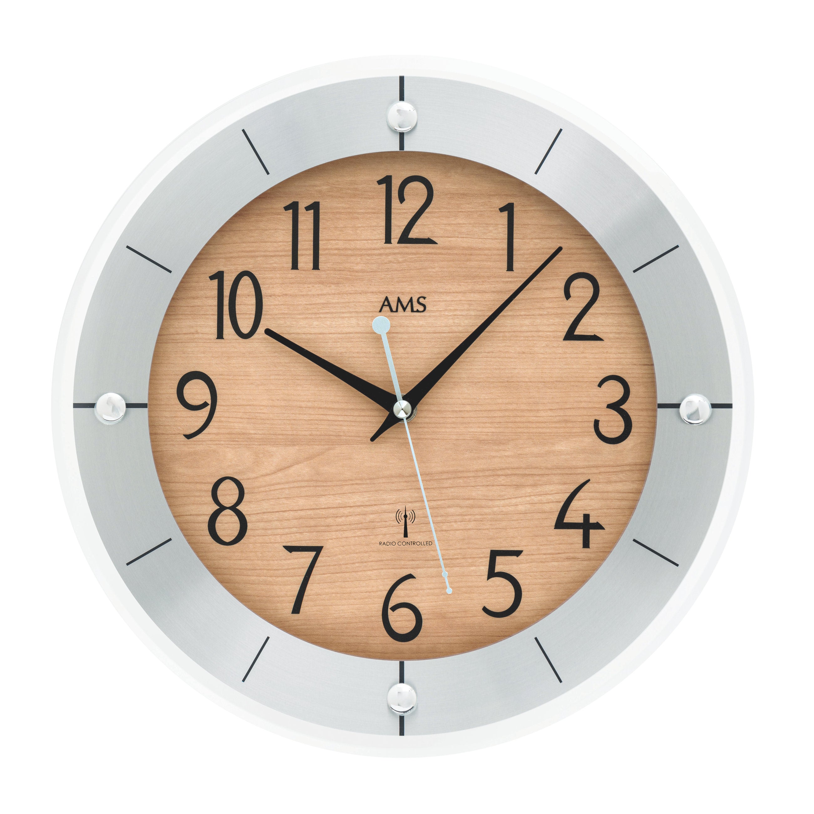 AMS F5592 Funkwanduhr mit Kunststoff-Aluminium-Gehäuse und facettiertem Mineralglas
