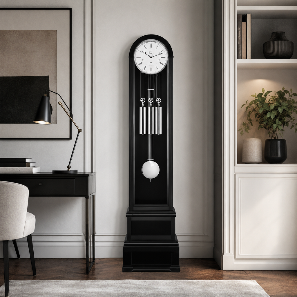 Hermle 01089-740461 Grandfather Clock Charlotte "Franz Hermle & Sohn" Black with Nickel Bezel