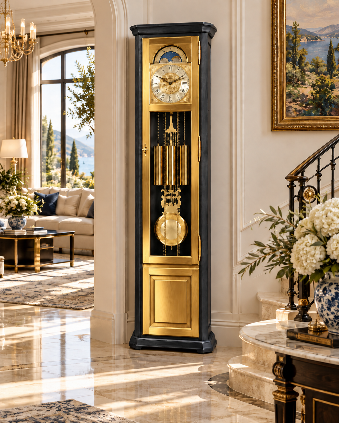 Astra Design AD210-04G Standuhr „Rheingold“ in zweifarben Lackierung aus massiver Eiche