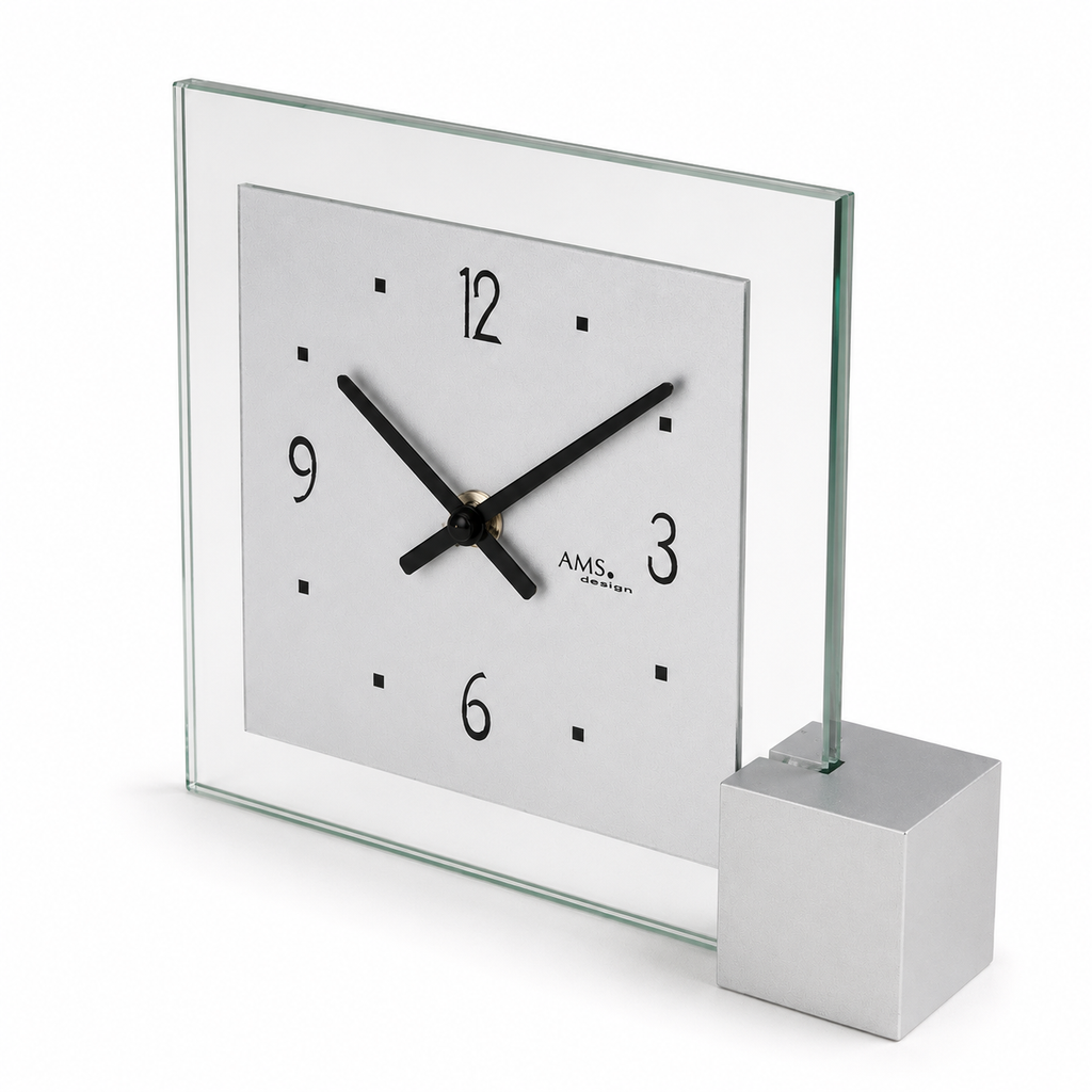 AMS T102 Table Clock with Wooden Base, Aluminum Dial, and Mineral Glass
