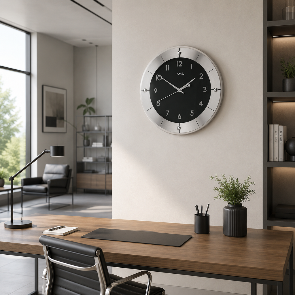 AMS F5849 Radio Wall Clock with Faceted Mineral Glass and Ground Aluminum
