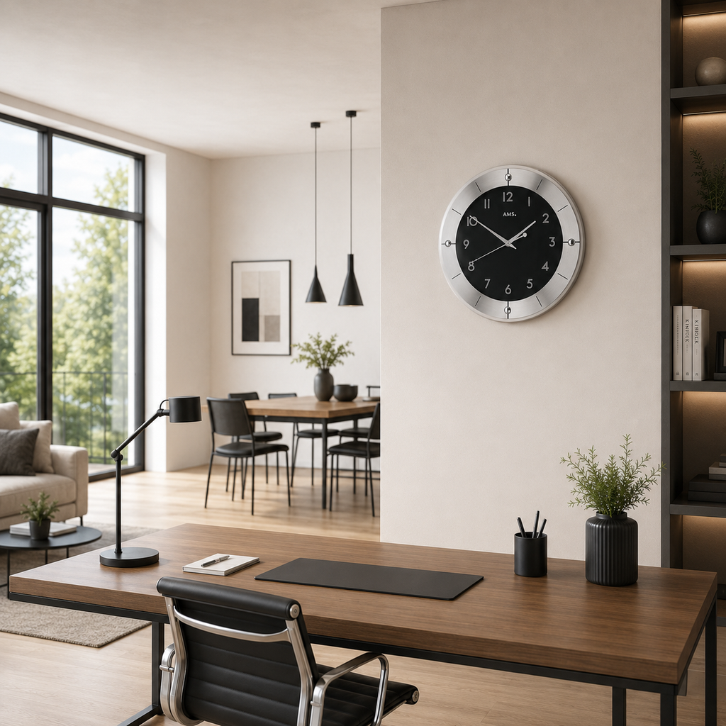 AMS F5849 Radio Wall Clock with Faceted Mineral Glass and Ground Aluminum