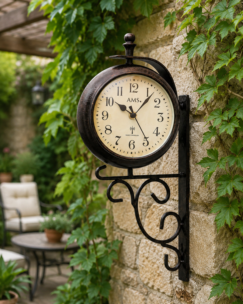 AMS F5961 Radio-Controlled Wall Clock with Weatherproof Metal Casing and Indoor Climate Display
