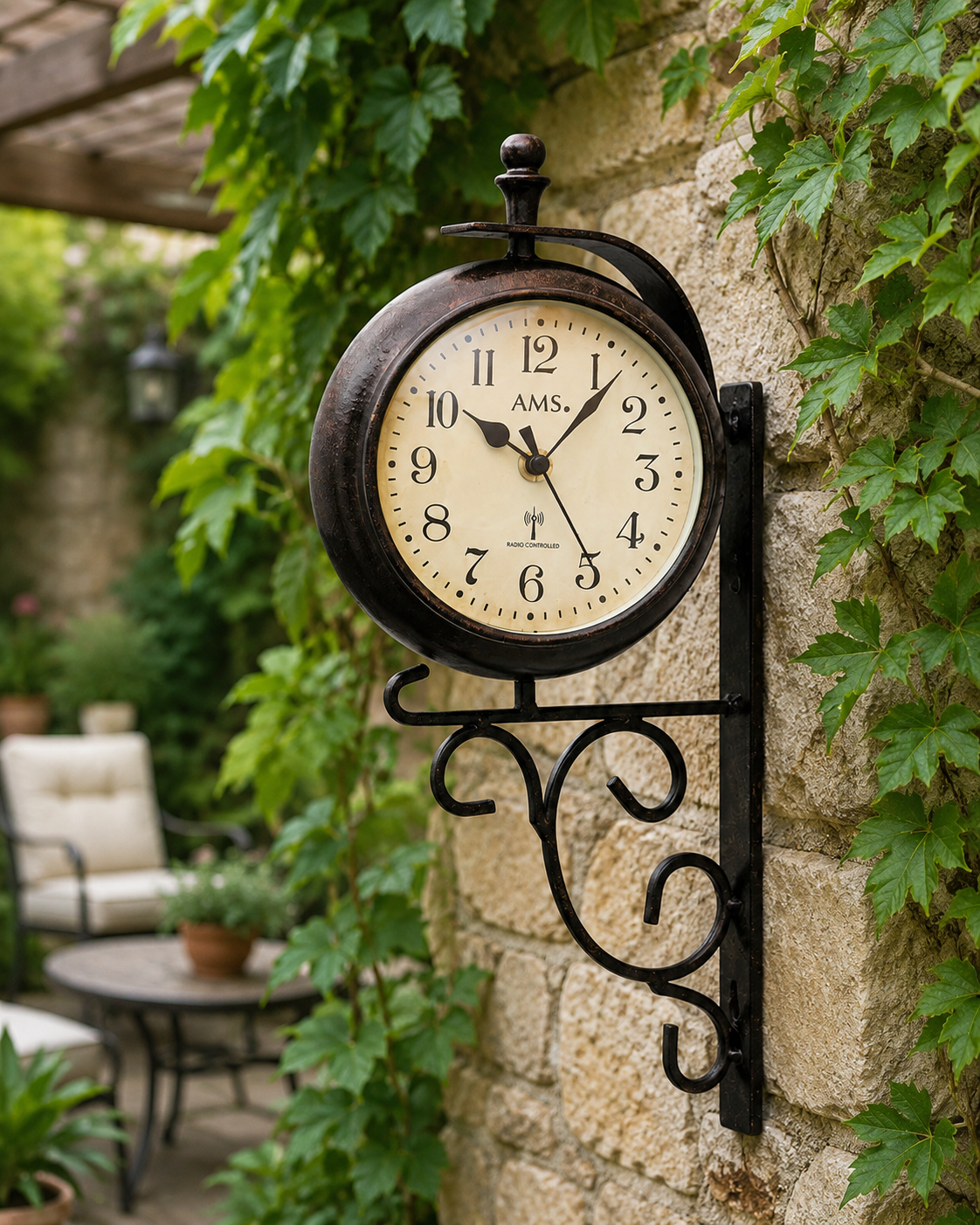 AMS F5961 Radio-Controlled Wall Clock with Weatherproof Metal Casing and Indoor Climate Display