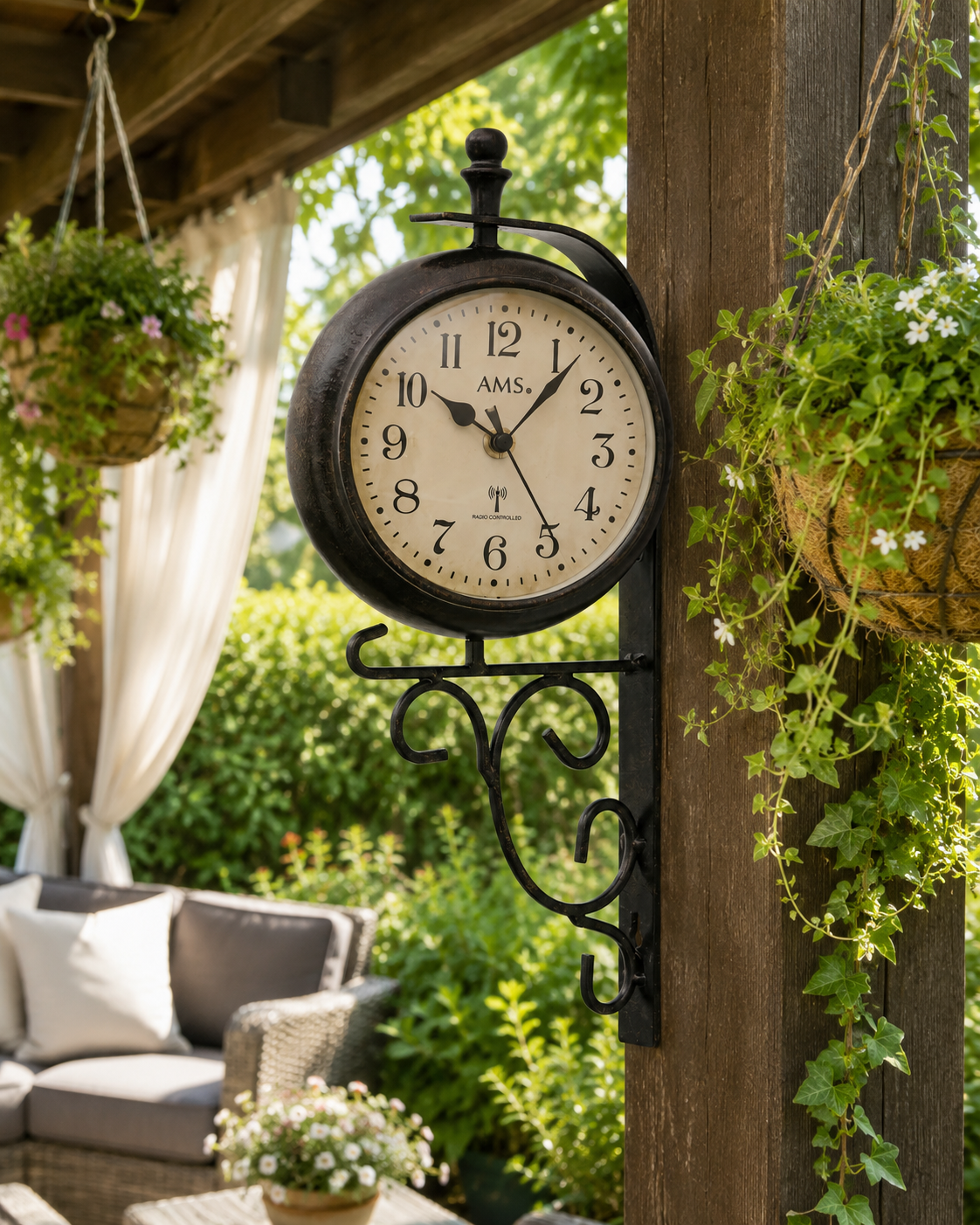 AMS F5961 Radio-Controlled Wall Clock with Weatherproof Metal Casing and Indoor Climate Display