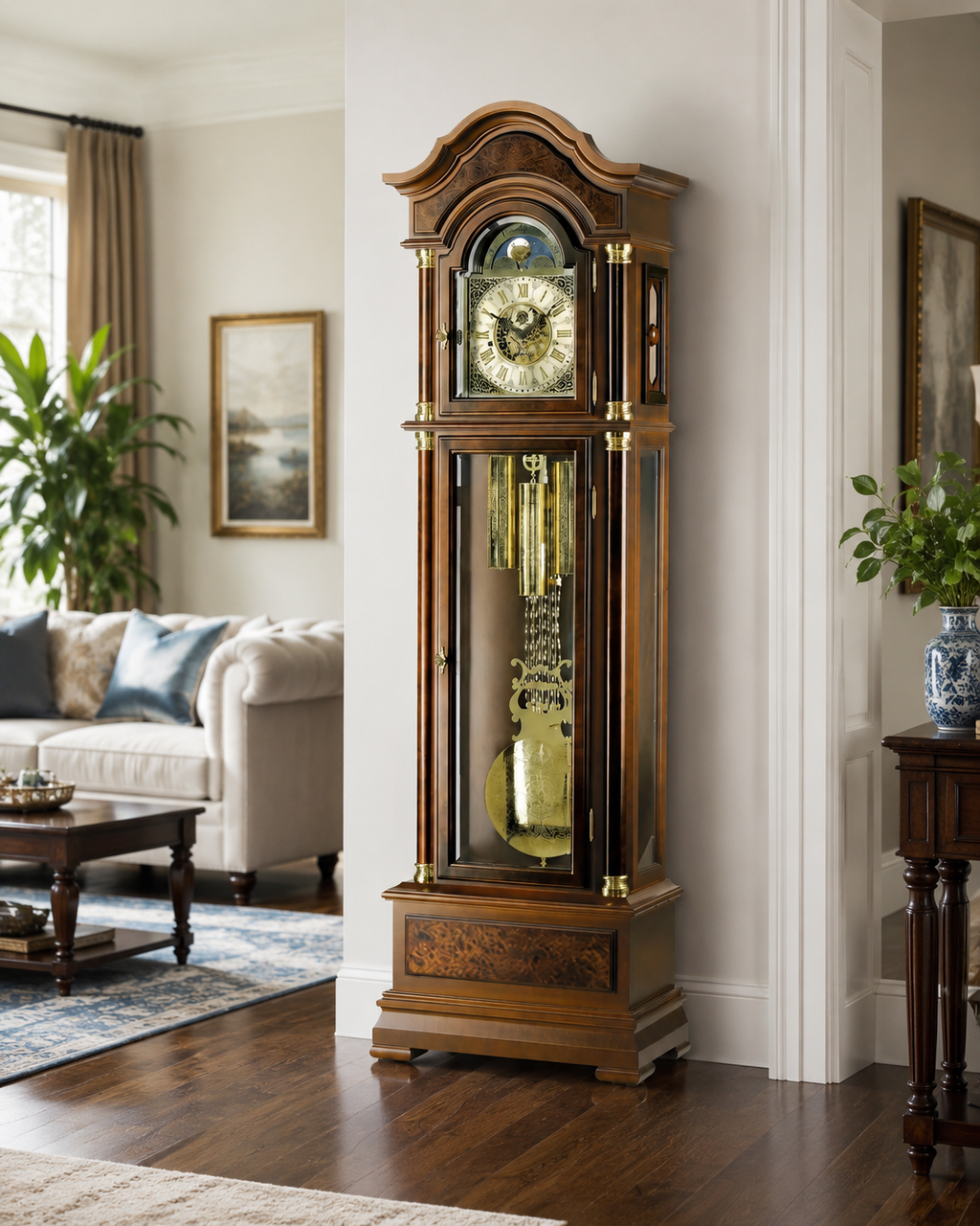AMS S2069-1 Grandfather Clock with Solid Walnut Case and Mechanical Chain Movement