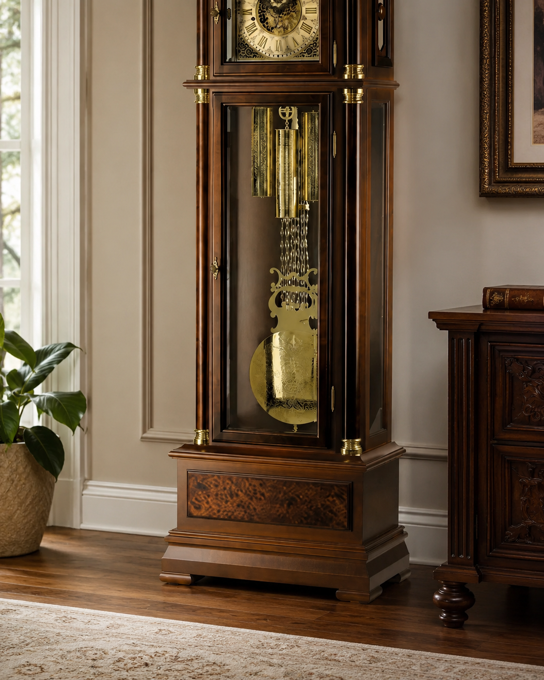 AMS S2069-1 Grandfather Clock with Solid Walnut Case and Mechanical Chain Movement
