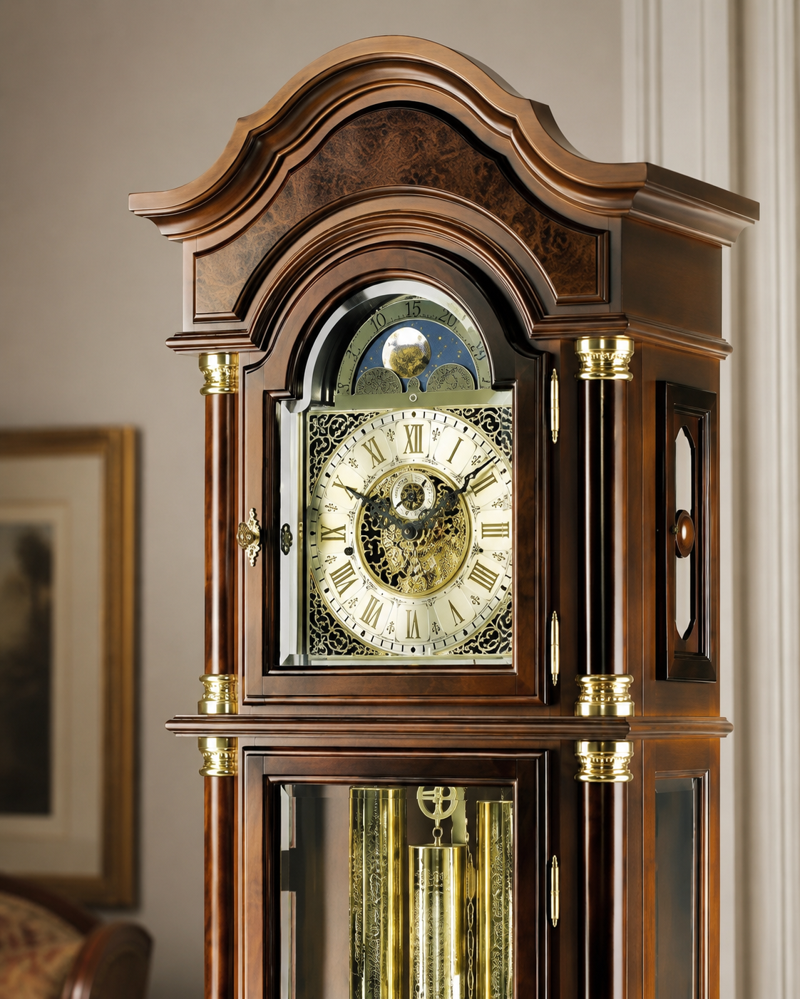 AMS S2069-1 Grandfather Clock with Solid Walnut Case and Mechanical Chain Movement