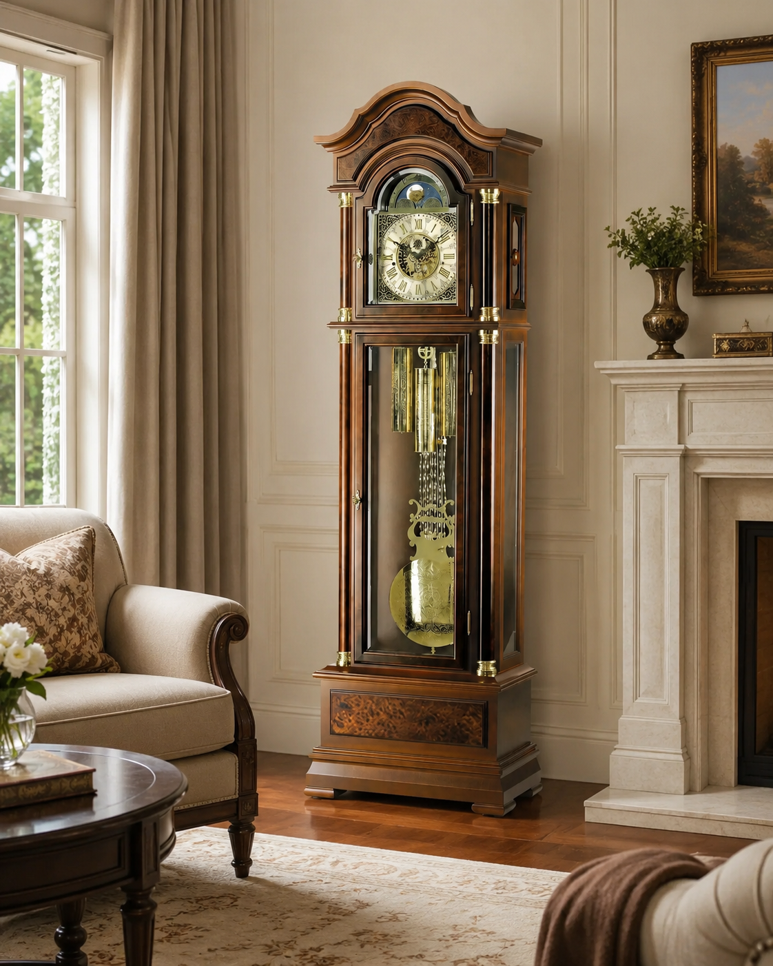 AMS S2069-1 Grandfather Clock with Solid Walnut Case and Mechanical Chain Movement