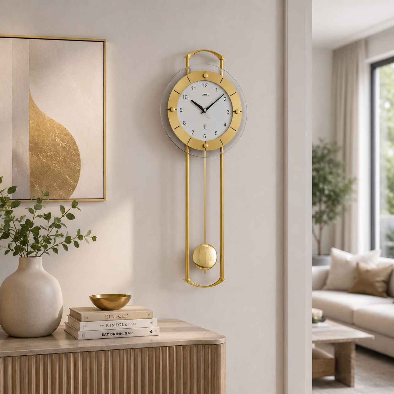 AMS F5255 Pendulum Radio-Controlled Wall Clock with Lacquered Metal Rods