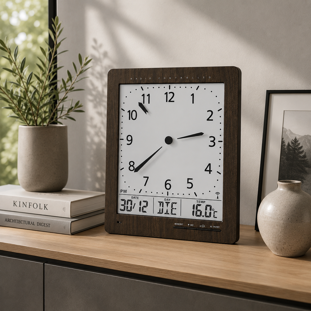 AMS F5893 Radio-Controlled Wall Clock with Digital Display and Analog Time Display