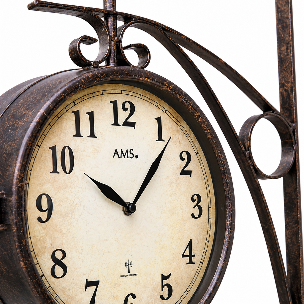 AMS F5966 Double-Sided Radio Wall Clock with Weatherproof Metal Casing