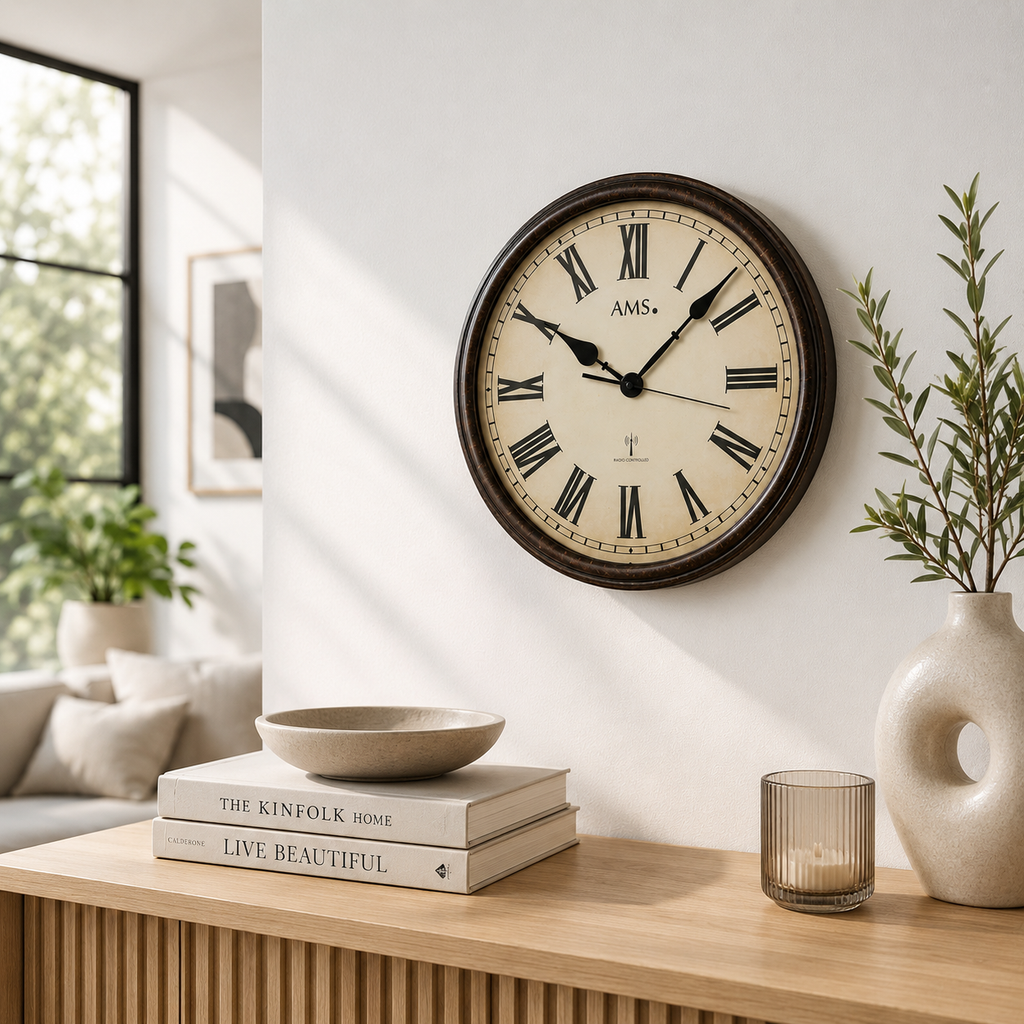 AMS F5977 Radio Wall Clock with Metal Case and Mineral Glass