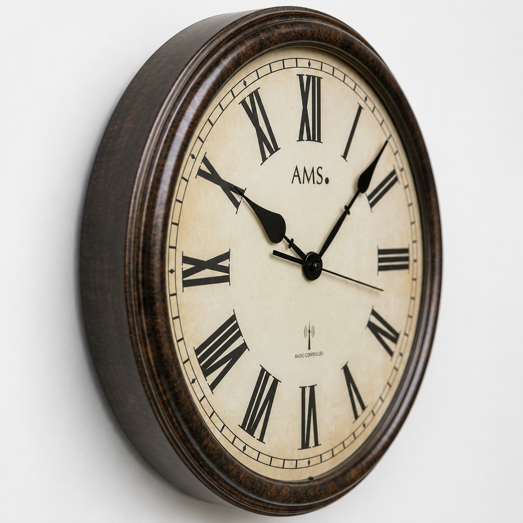 AMS F5977 Radio Wall Clock with Metal Case and Mineral Glass
