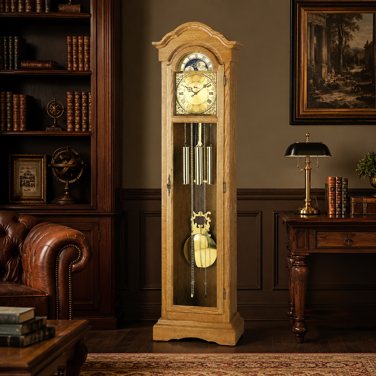AMS S2021-4 Grandfather Clock with Oak Case and Mechanical Chain Movement