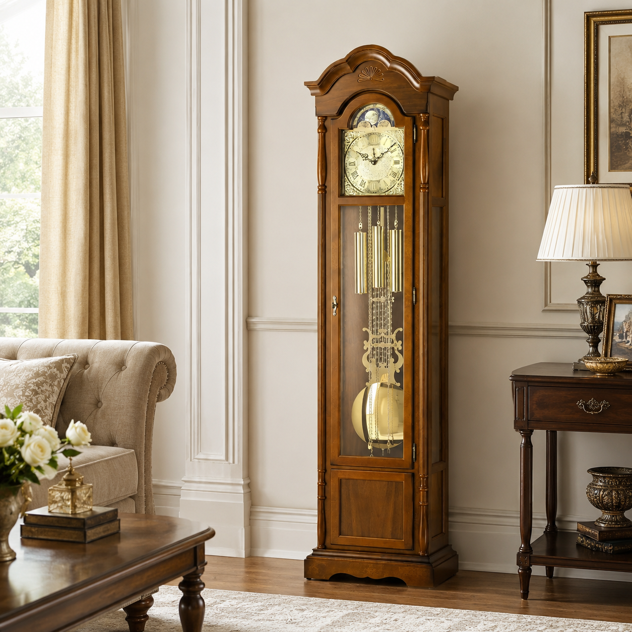 AMS S2011-1 Grandfather Clock with Solid Walnut Case and Mechanical Chain Movement