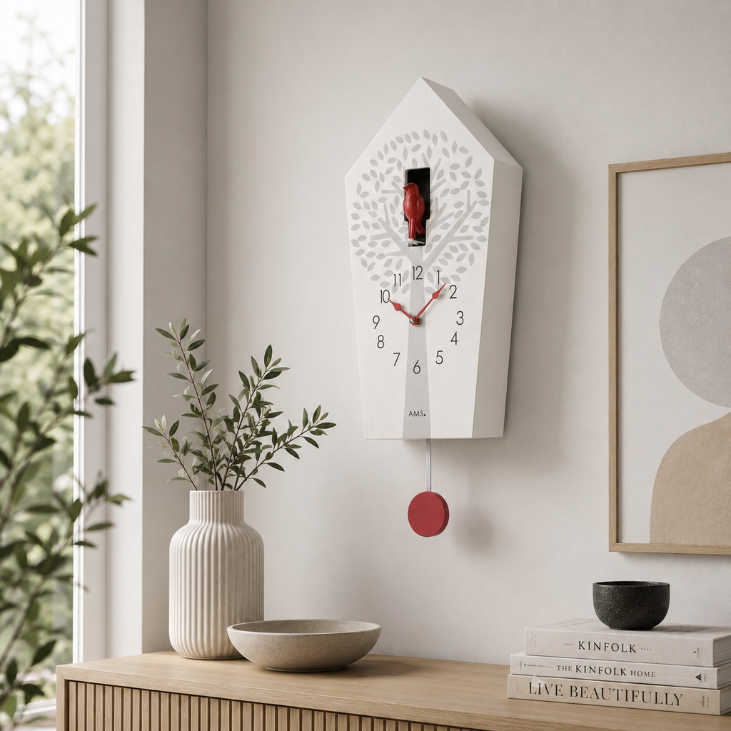 AMS W7286 Cuckoo Clock with White Lacquered Wooden Case