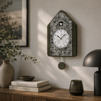 AMS W7496 Cuckoo Clock with Wooden Case and Metallic Overlay