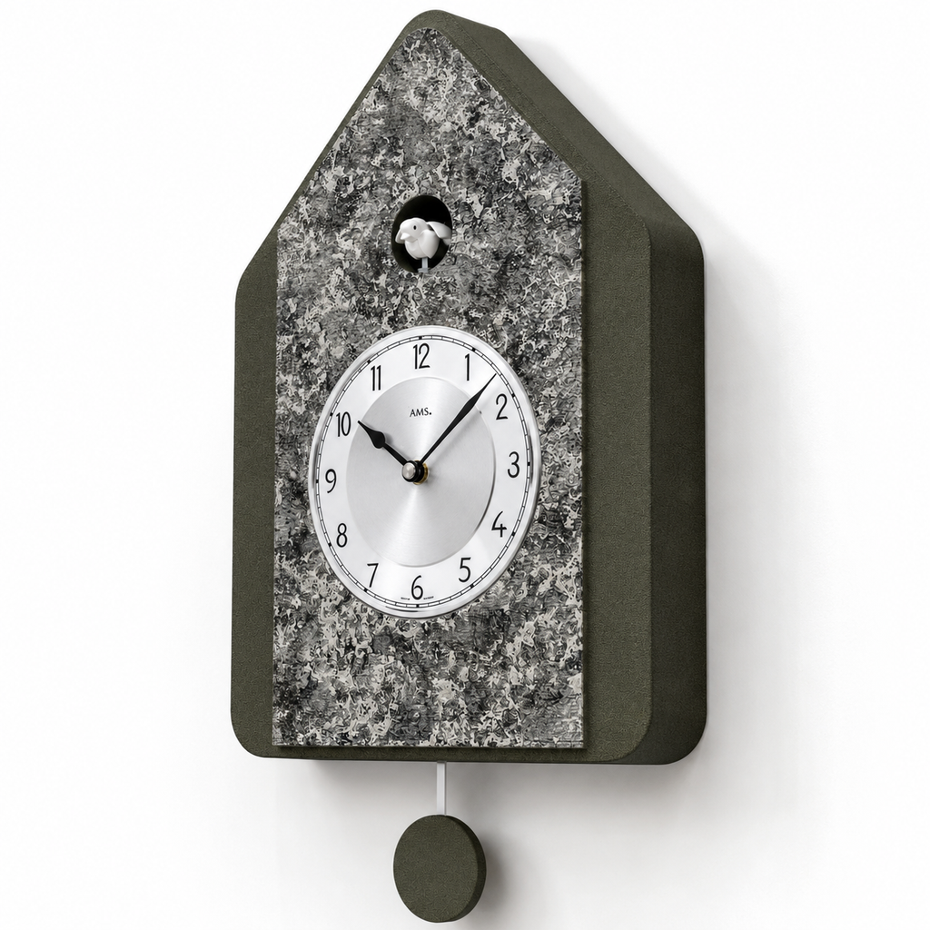 AMS W7496 Cuckoo Clock with Wooden Case and Metallic Overlay