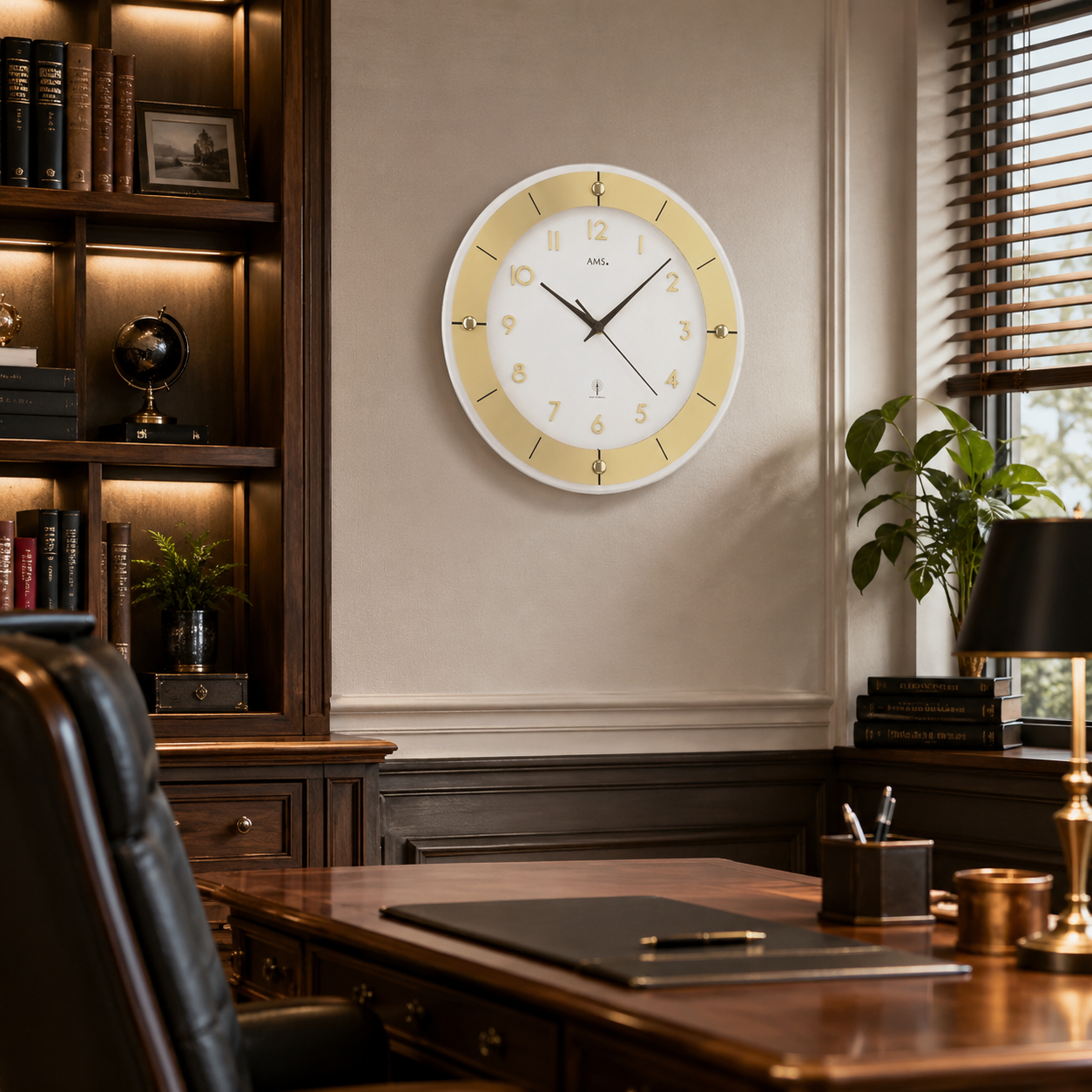 AMS F5850 Radio-Controlled Wall Clock with Faceted Mineral Glass and Brass-Coated Aluminum