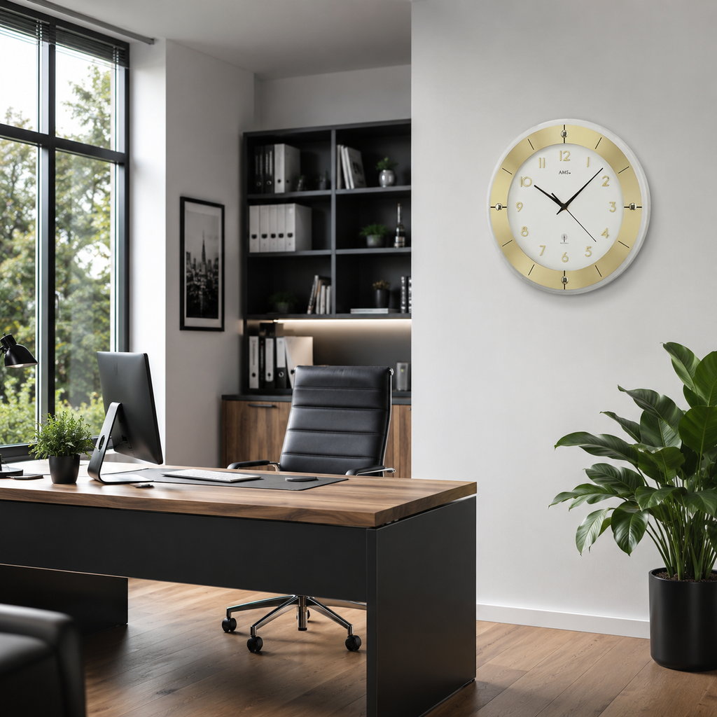 AMS F5850 Radio-Controlled Wall Clock with Faceted Mineral Glass and Brass-Coated Aluminum