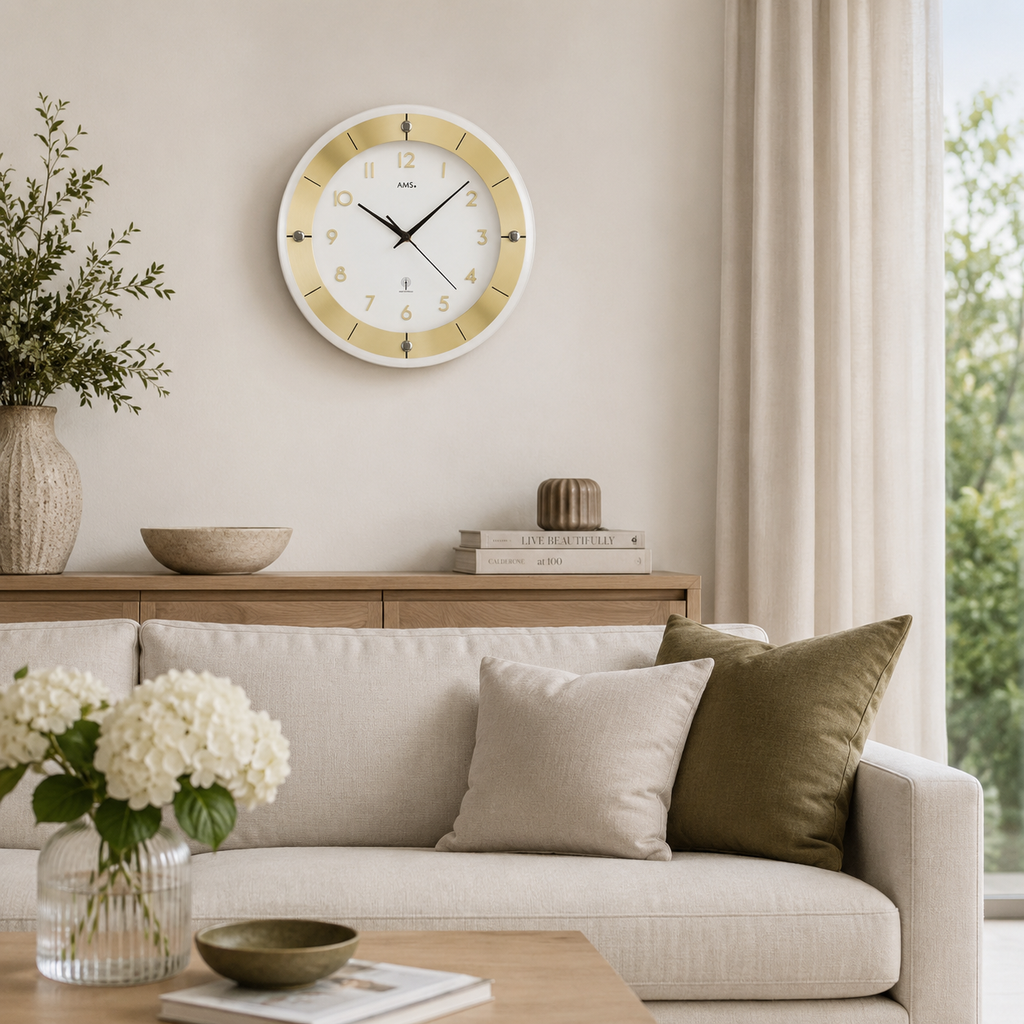 AMS F5850 Radio-Controlled Wall Clock with Faceted Mineral Glass and Brass-Coated Aluminum