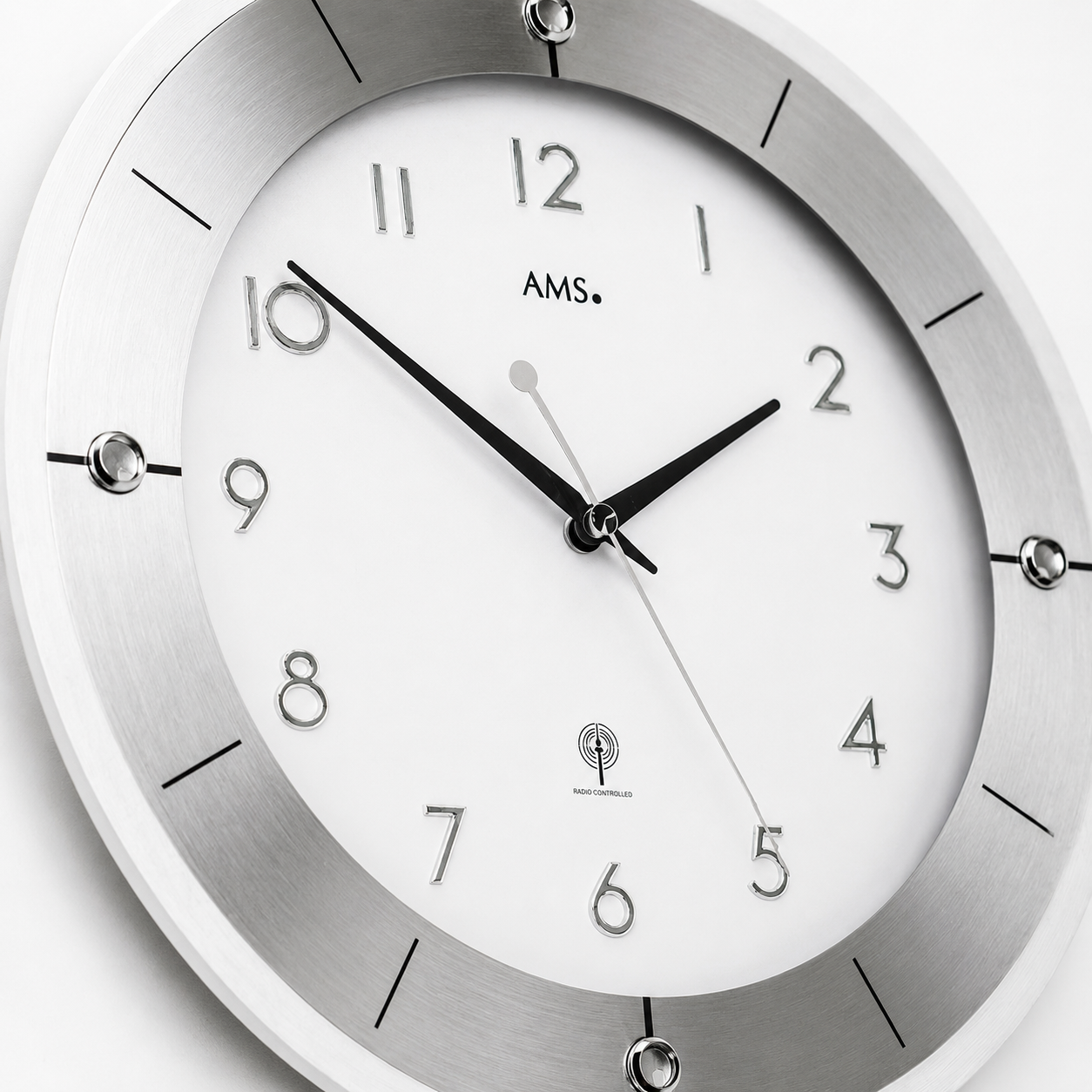 AMS F5848 Radio Wall Clock with Faceted Mineral Glass and Polished Aluminum