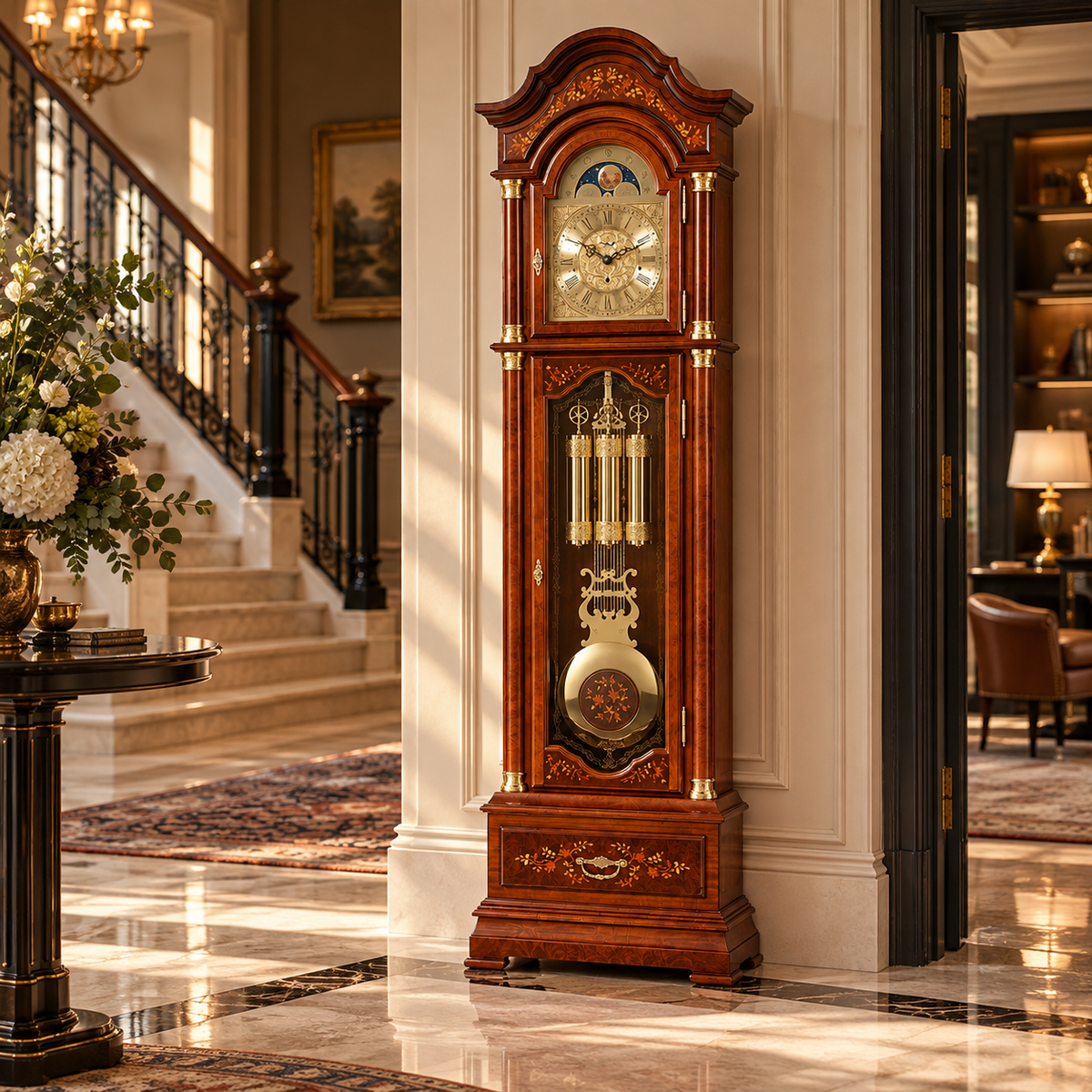 AstraDesign classic dark wood grandfather clock with inlays and moon phase