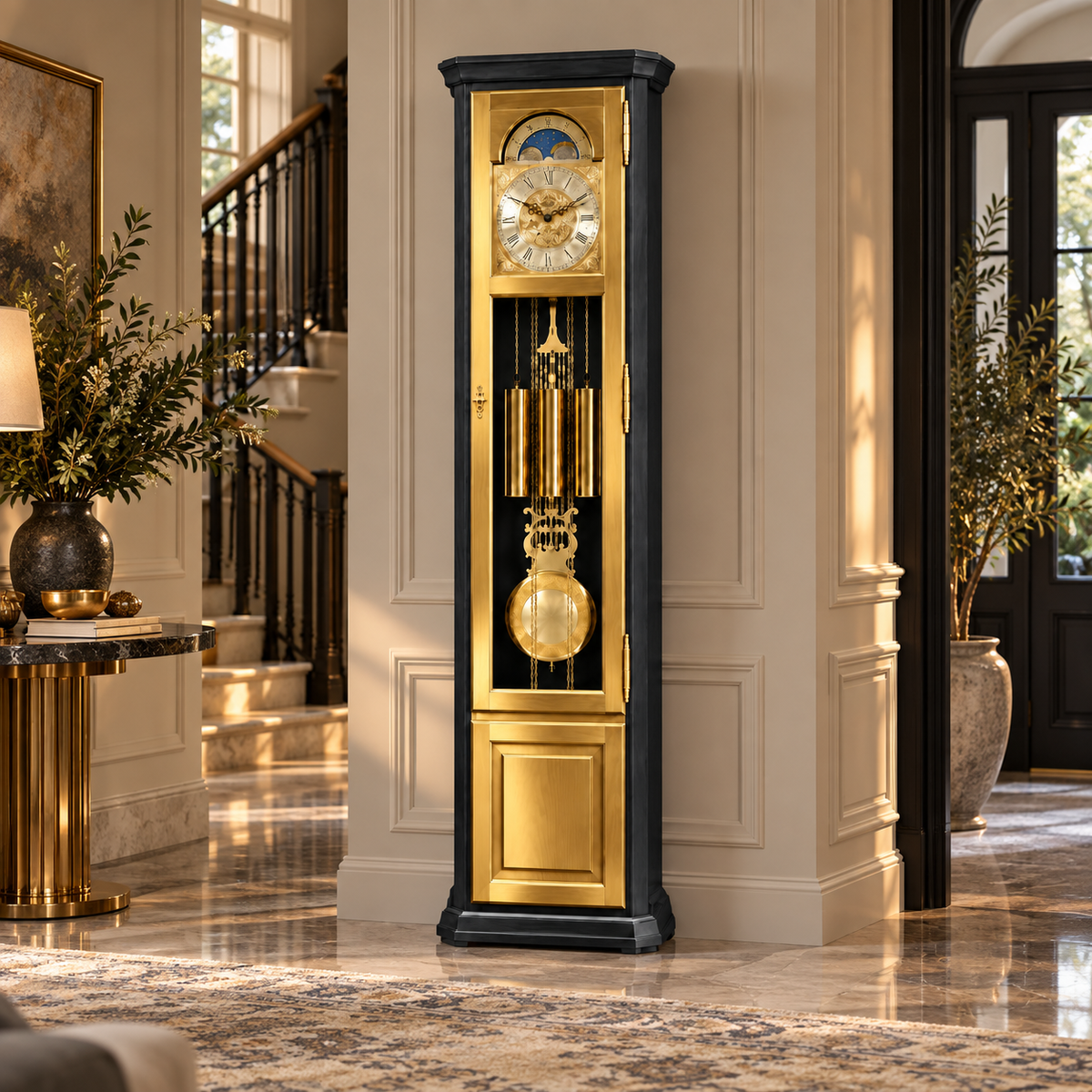 AstraDesign black grandfather clock with brass front and mechanical pendulum movement