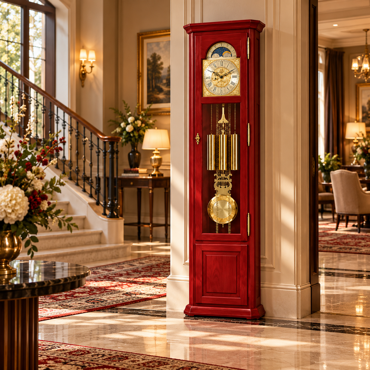 AstraDesign red grandfather clock with brass pendulum and classic moon phase
